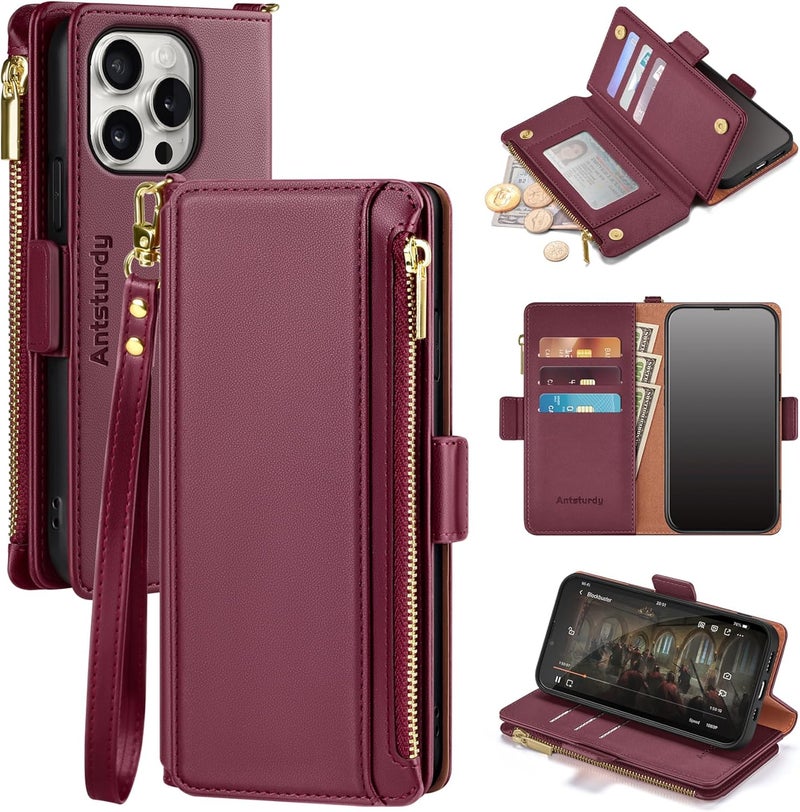 Antsturdy Compatible with iPhone 16 Pro Max Wallet Case,RFID Blocking PU Leather Phone Case Women Men Kickstand flip Cover Wrist Strap Zipper Credit Card Holder Slots for Apple 16 ProMax,Wine Red - Image 1